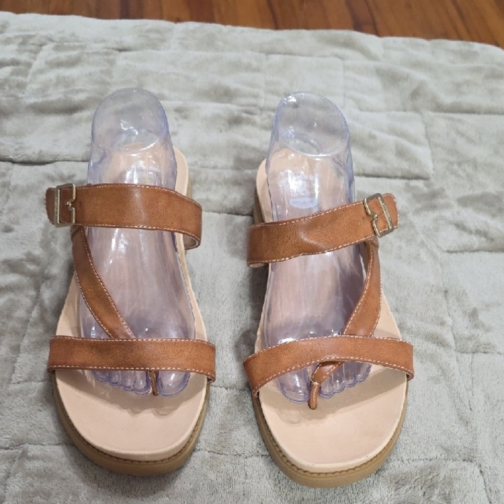 Dr. Scholl's Women's Sandals‎ Brown Faux Leather Buckles Comfort Sz 11 EUC